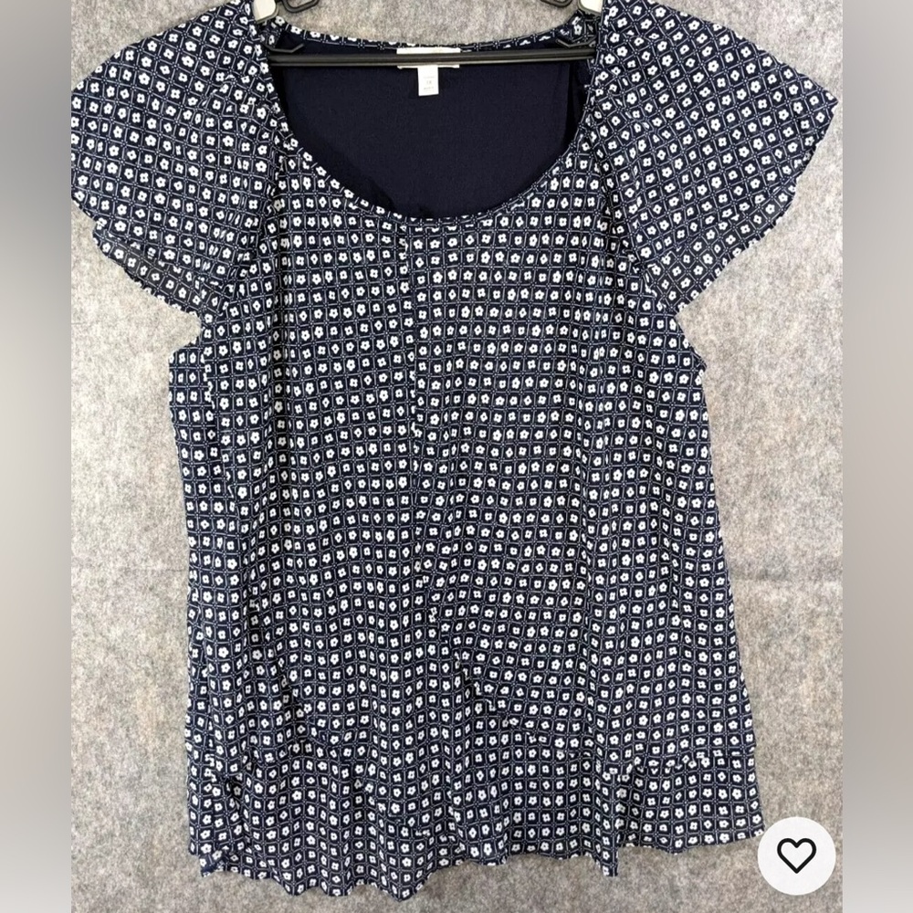 Dressbarn Blouse Blue w Tiny White Flowers Lined, Layered Short Flutter Sleeve